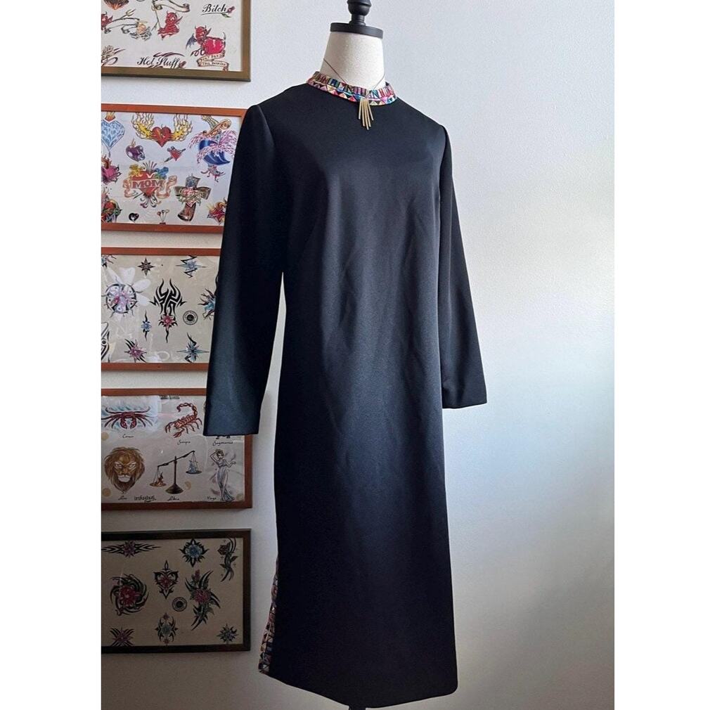 Vintage 70s Black Maxi Dress | Embroidered Mock Neck Column Dress | M/L